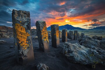 Dramatic sunset over Iceland's black sand beach, featuring weathered stone pillars covered in bright yellow lichen, and distant mountain.