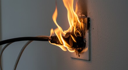 Electrical outlet fire with flaming cable, illustrating a dangerous situation and urgent safety concern. Concept for electrical hazards, fire prevention, and emergency awareness