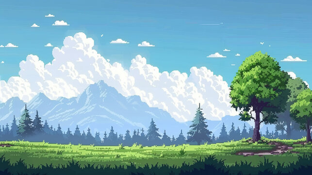 8-bit pixel art, green meadow, trees, mountains, blue sky, white clouds. Retro game background blends nature and charm.