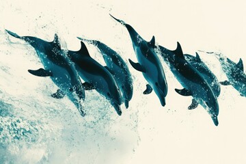 A pod of dolphins leaping from the ocean, creating a splash of water.