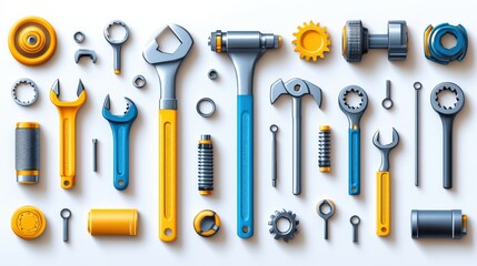 Fototapeta premium A vibrant arrangement of various tools including wrenches, gears, and bolts on a clean background
