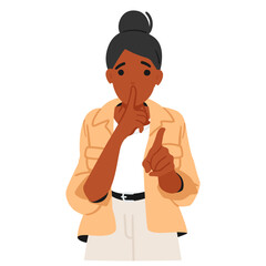 Woman cartoon character putting finger to lips asking to keep secret and speaking less loudly