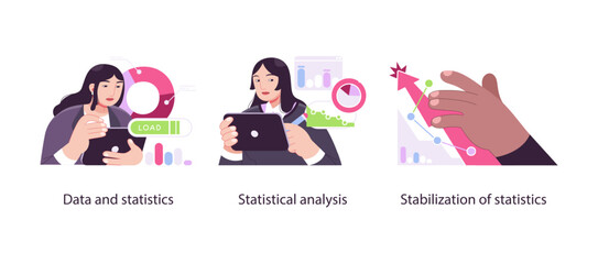 Illustration representing data processing, statistical analysis, and trend stabilization using graphs, charts, and digital devices for analytics.