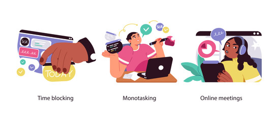 Fototapeta premium Illustration set featuring time blocking, focused work (monotasking), and virtual meetings for efficient freelance work and communication.