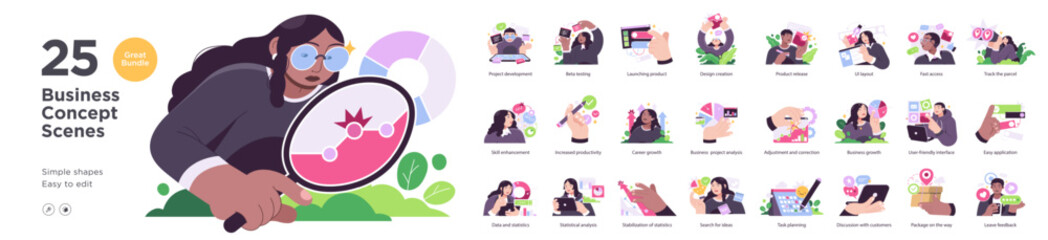 Collection of 25 modern business-themed illustrations showcasing development, planning, UI/UX, productivity, logistics, analysis, and communication.