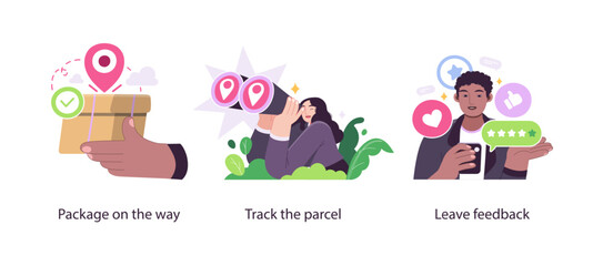 Illustration showing steps in online delivery process including package tracking, parcel arrival, and leaving customer feedback via mobile.