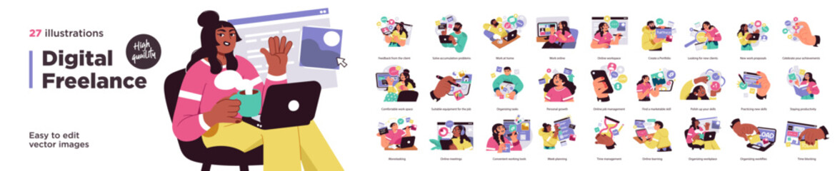 Fototapeta na wymiar High-quality illustration bundle featuring 27 freelance-related scenes including remote work, productivity, client feedback, planning, and skill-building.