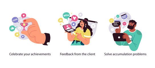 Illustration set showing key freelance activities including celebrating success, receiving client feedback, and resolving accumulated project issues.