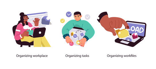 Illustration set showing effective organization in a freelance workflow, including workspace setup, task management, and digital file sorting.