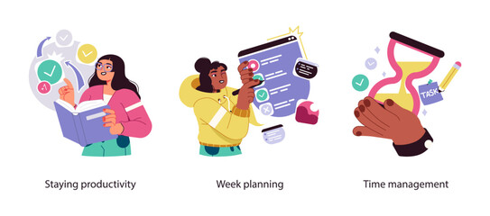 Illustration set showing methods for improving productivity through effective weekly planning, time management, and maintaining task focus.