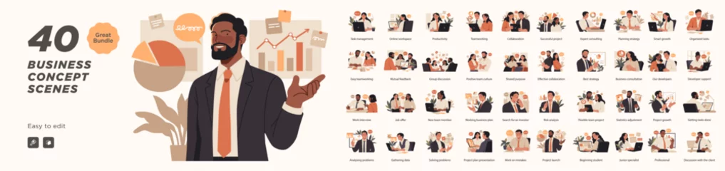 Selbstklebende Fototapeten Vector illustration pack featuring 40 business concept scenes including teamwork, productivity, strategy, planning, and client collaboration. © stonepic