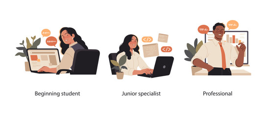 Illustration set showing the professional growth stages from beginner student to junior specialist and confident professional.