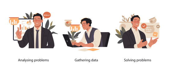 Flat vector scenes showing business professionals analyzing issues, collecting data, and presenting solutions using visual charts an