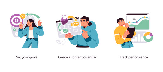 Illustration representing strategic marketing workflow: defining goals, planning content in a calendar, and tracking campaign performance data.