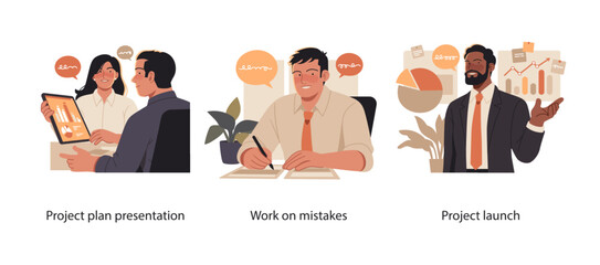 Illustration set depicting stages of project development including presenting plans, correcting errors, and launching with final analytics and charts.