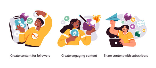 Illustration showing digital marketers creating content, designing engaging posts, and distributing media to followers and subscribers online.