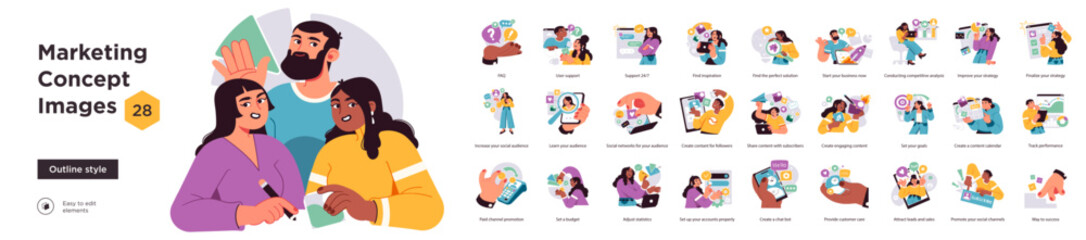 Vector illustrations set focused on marketing concepts including digital promotion, content creation, analytics, social media, and audience growth.