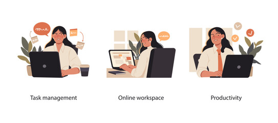 Set of illustrations showing a woman managing tasks, working online, and boosting productivity in a digital workspace.