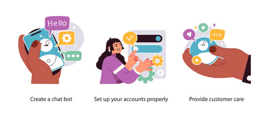 Vector illustrations showing chatbot creation, account setup, and digital tools for providing efficient online customer support and service.