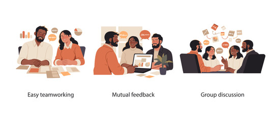 Illustration set showing coworkers in teamwork, sharing feedback, and having group discussions to improve collaboration.