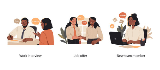 Illustration set showing job interview, accepting a job offer, and a new employee starting work in a business setting.