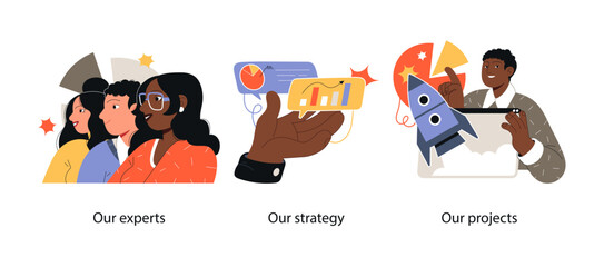 Illustration of diverse professionals, strategic planning with analytics, and launching new projects using modern business visuals.
