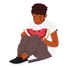 Boy child cartoon character eating watermelon sweet food sitting isolated on white background