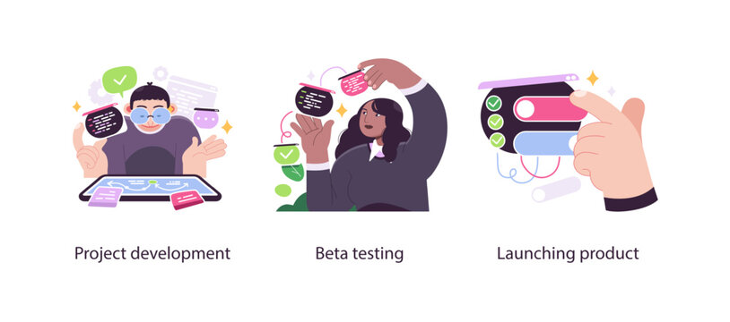 Illustration showing key phases of a software project including development, beta testing, and final product launch with UI elements and code.