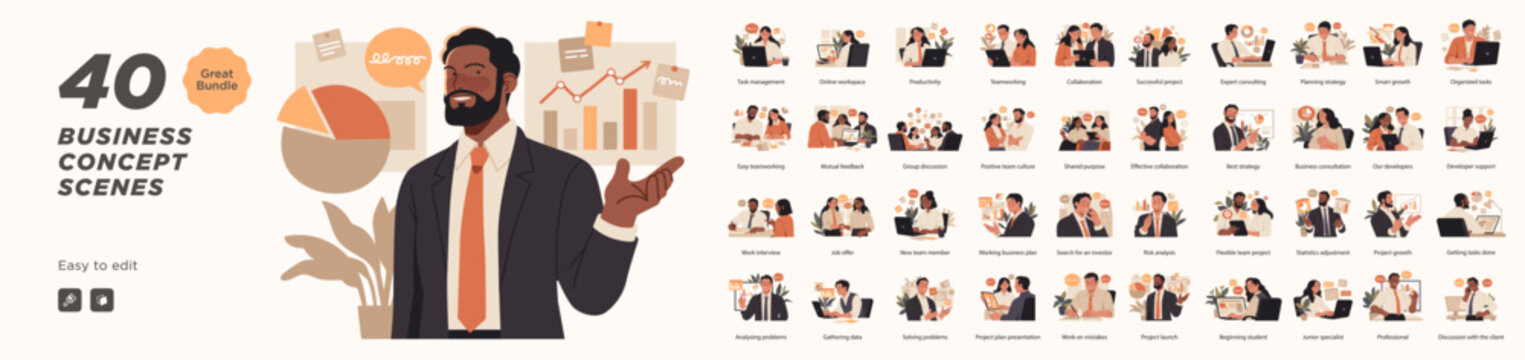 Vector illustration pack featuring 40 business concept scenes including teamwork, productivity, strategy, planning, and client collaboration.