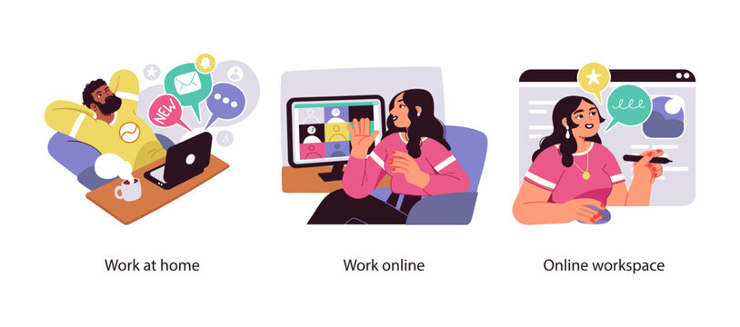 Illustration set showing different aspects of remote work including working from home, virtual meetings, and using online collaboration platforms.