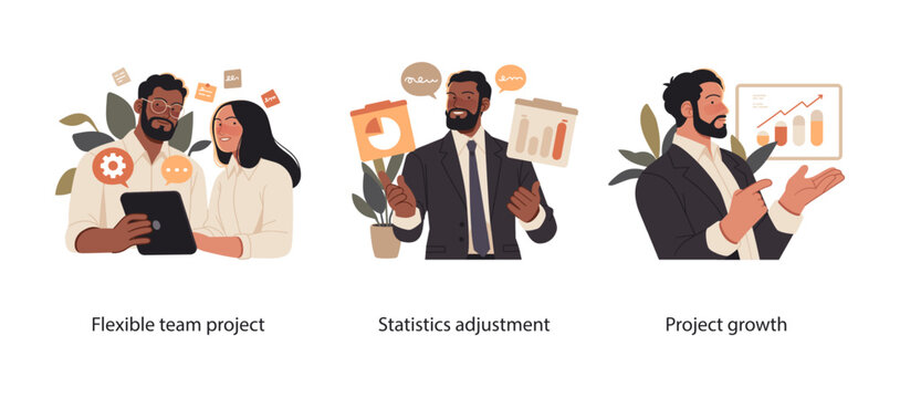 Vector illustrations showing flexible team collaboration, statistical data corrections, and confident business growth strategy presentations.