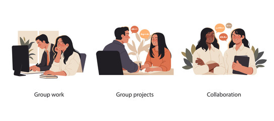 Illustration set of professionals engaging in teamwork, discussing group projects, and collaborating on tasks in a modern office environment.
