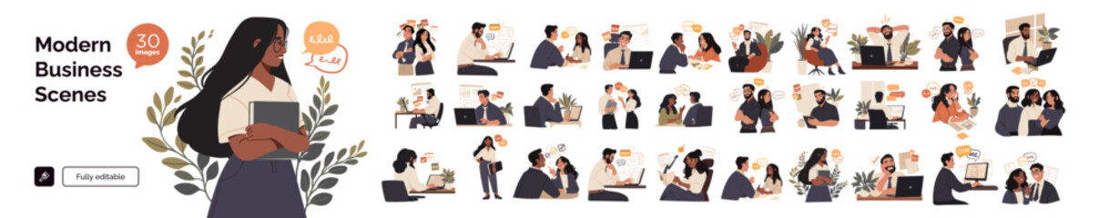 Fototapeta na wymiar Fully editable vector set of 30 modern business illustrations featuring diverse professionals in work settings, collaboration, planning, and productivity.