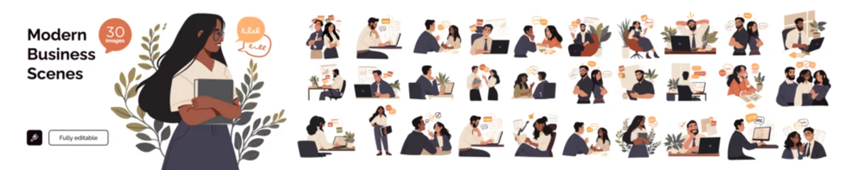 Selbstklebende Fototapeten Fully editable vector set of 30 modern business illustrations featuring diverse professionals in work settings, collaboration, planning, and productivity. © stonepic