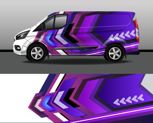 Vector design of delivery van. Car sticker. Car design development for company. Abstract background with purple stripes and arrows for vinyl car sticker.