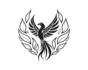 Obraz premium Phoenix Bird in Decorative Tribal Style – Black and White Vector with Wings and Laurel Leaves