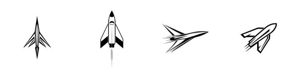 Vector illustration icons of various rocket designs showcasing speed and technology in a minimalist style