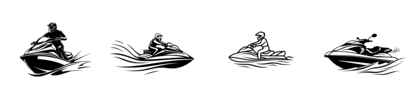 Jet ski riders navigating water with speed and excitement in a dynamic vector illustration style during sunny weather