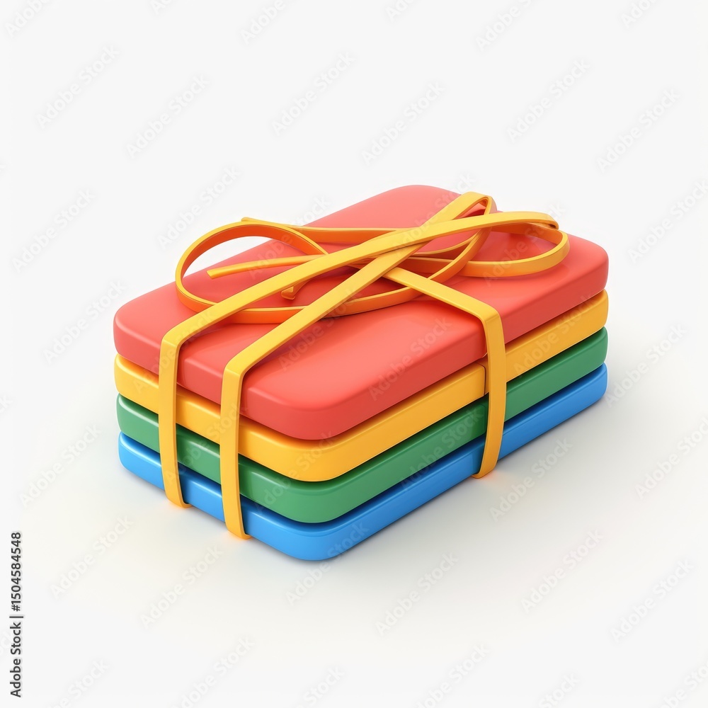 Poster stacked colorful rectangular objects tied with a ribbon.