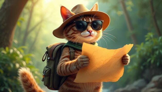 Whimsical illustration of cute explorer cat wearing safari hat, sunglasses. Cat holds map, backpack on back, walking in jungle. Funny, playful cartoon cat on adventure journey looking for treasure in