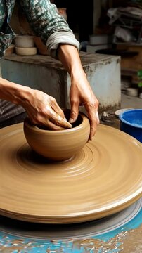 On a pottery wheel, an artisan turns clay into a beautifully formed pot. Vertical.