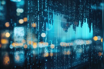 A rain-streaked window reveals a vibrant, data-driven stock market graph at night, showcasing financial dynamics.