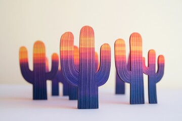 Obraz premium Sunset-colored paper cacti, a vibrant desert scene in miniature.