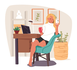 Smiling woman remote employee cartoon character having coffee break working at cozy home office
