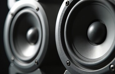 Close-up shot of audio speakers. Modern design. Musical equipment. Speakers produce loud sound. Perfect for home studio, concert, music production or pro recording. Sound system, stereo.