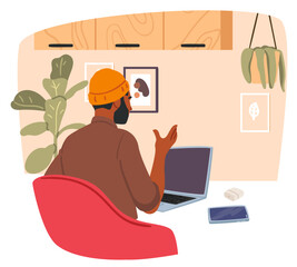 Man cartoon character working online using laptop computer at cozy home office workspace scene