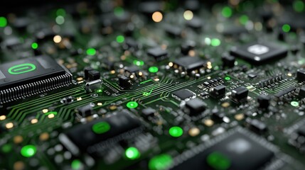 Fototapeta premium Glowing Green Circuit Board with AI Digital Symbols - Futuristic Technology Background for Tech Whitepapers, AI Presentations, and Smart Device Packaging. Dark Space Theme with Dynamic Data Flow and N