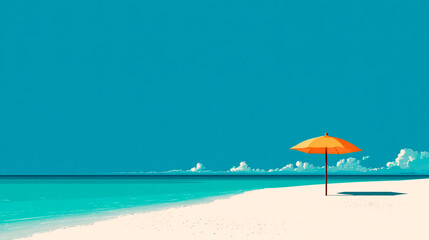 Minimalist beach with a single orange parasol under a clear blue sky
