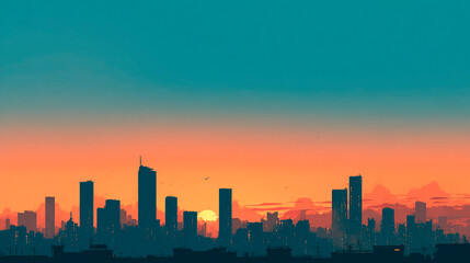 Fototapeta premium Minimalist city skyline at sunset with orange and teal tones 