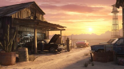 cinematic western desert garage, sun setting behind broken-down cars, wooden shack, dusty air, lone cowboy mechanic fixing an engine